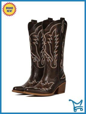 Western Cowboy Boots for Women Mid Calf Snip Toe Faux Leather